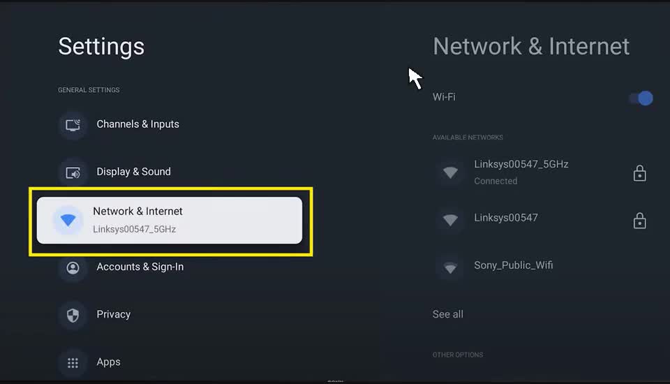 Выбор сети Wi-Fi на телевизоре